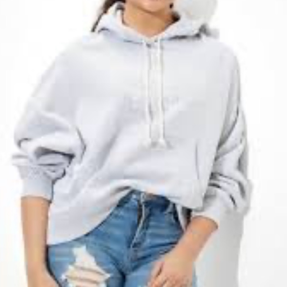 American Eagle Gray Knit Cropped Hoodie Sweater Drawstring Pocket Women’s M